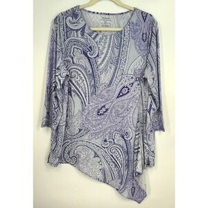 Chico's Ultimate Tee Size 2 Blue Paisley Asym Hem 3/4 Sleeve Top Coastal Boho
